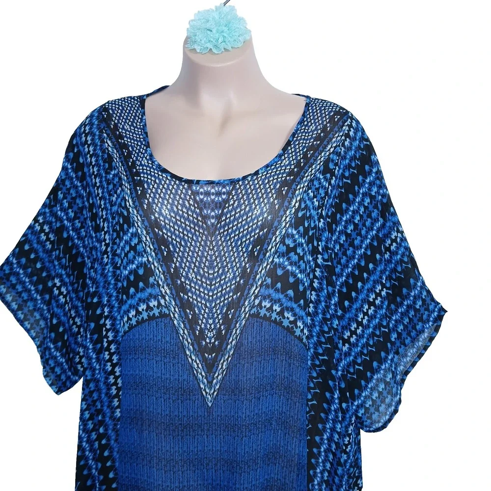 Catherines Women Fringe Tunic Top 4X 5X Blue Geometric Bohemian Sheer Coverup